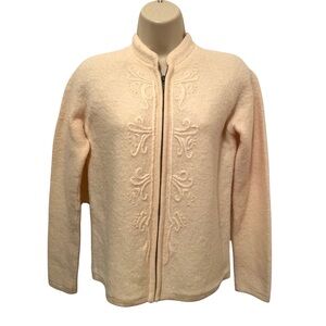 Karen Scott Boiled Wool Full Zip Sweater Ivory Embroidered Size P Medium